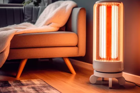 Infrarotheizung steht neben dem Sofa und leuchtet mit rötlichem Licht in den Raum.